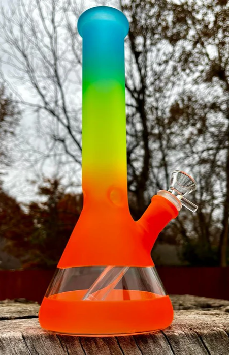 10-Inch Beaker Glass Water Pipe/Bong: Orange Rainbow Frosted Elegance