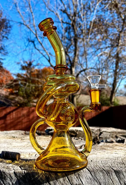 Golden Cyclone: 10-Inch Yellow Klein Vortex Recycler Dab Rig/Bong Fusion