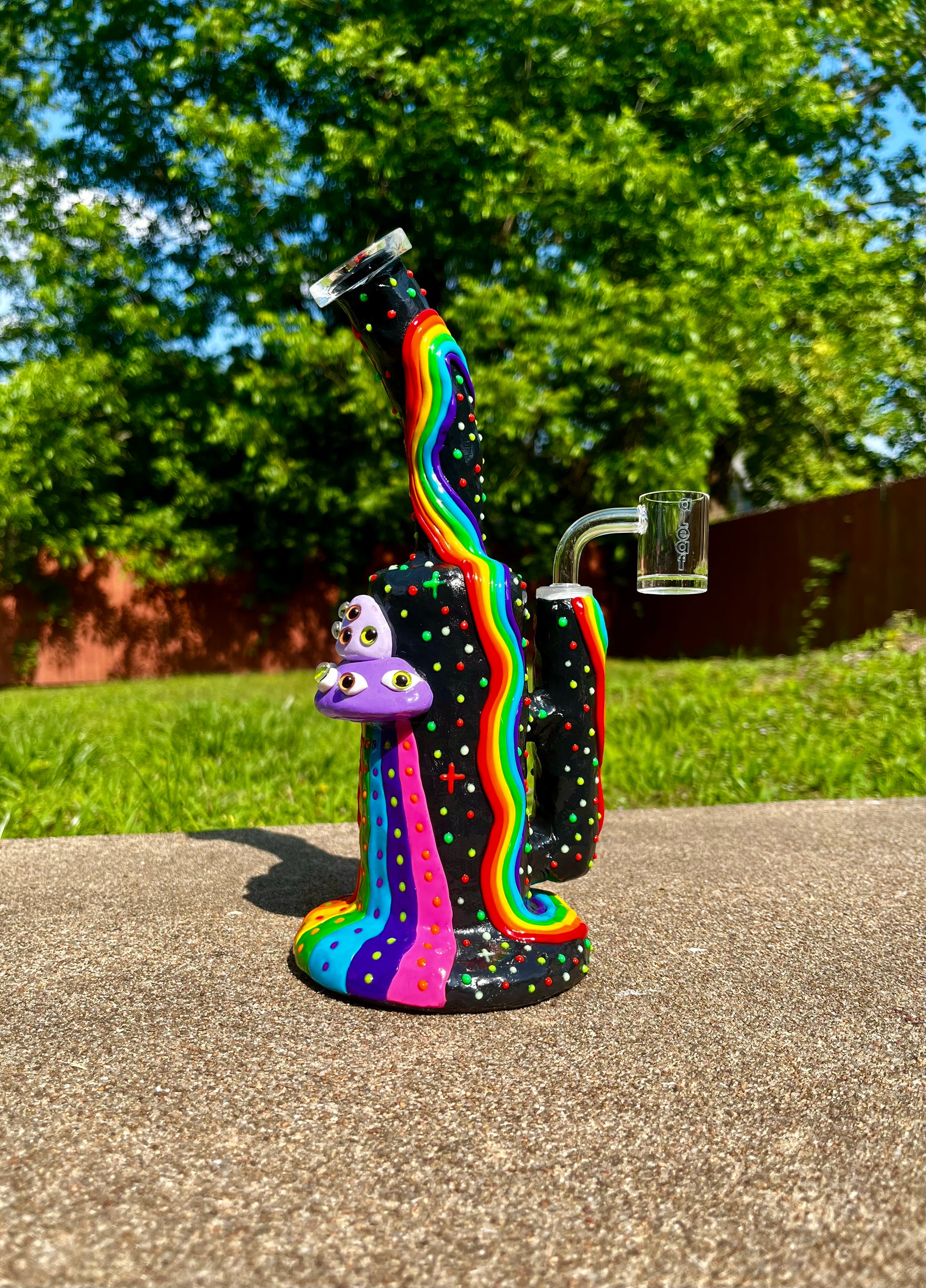 9" Ceramic Rainbow Dab Rig - UV Reactive, Glow in the Dark, Artistic Design