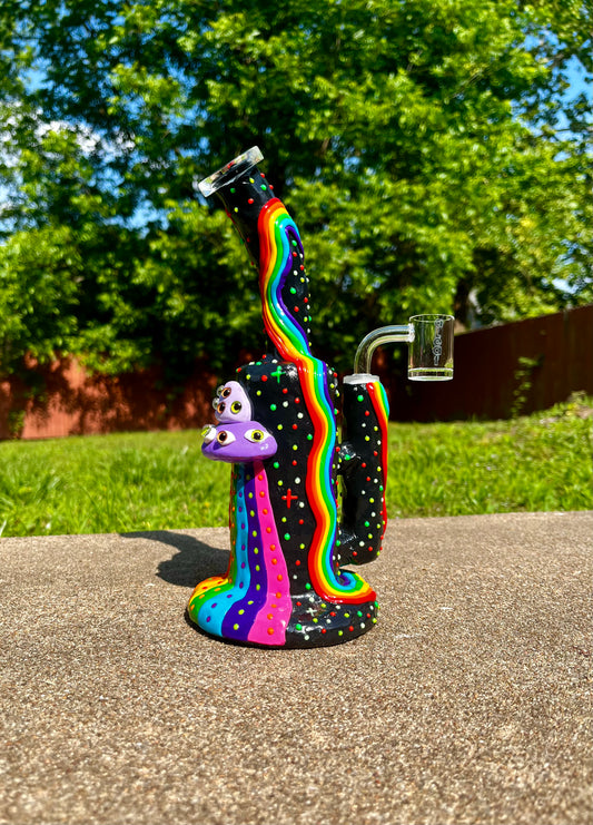 9" Ceramic Rainbow Dab Rig - UV Reactive, Glow in the Dark, Artistic Design