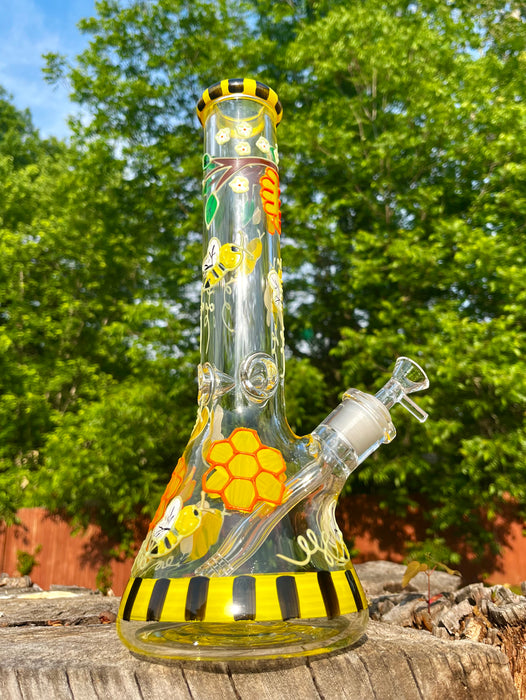 Busy Bee Bong - Front View - Hand Painted Design with Buzzing Bees"