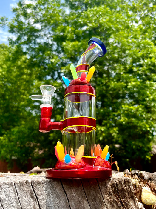 9-Inch Transparent Red Glass Dab Rig Water Pipe Bong with Colorful Ice Berg and Glow-in-the-Dark Lines
