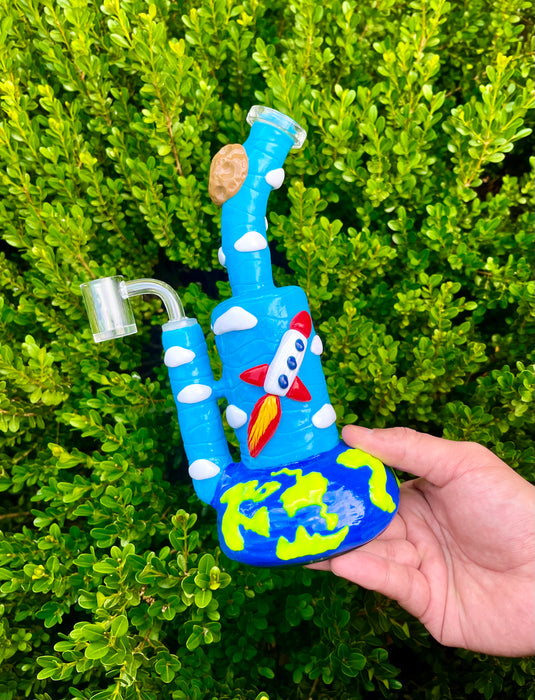 9-Inch Ceramic Dab Rig Water Pipe Bong with Honeycomb Percolator and Artistic Cloud Design