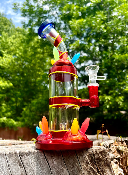 9-Inch Transparent Red Glass Dab Rig Water Pipe Bong with Colorful Ice Berg and Glow-in-the-Dark Lines