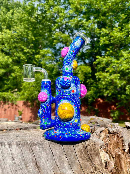 9-Inch Dab Rig Water Pipe Bong with Quartz Honeycomb Percolator - Ceramic, UV Reactive, Glow in the Dark, Outer Space Design