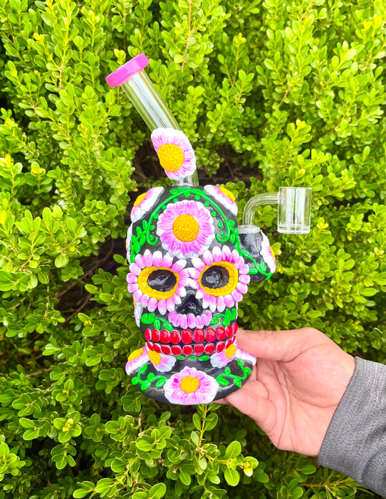 Skull Flower Bong - 9-Inch Dab Rig Water Pipe with Honeycomb Percolator