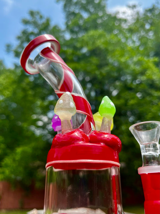 9-Inch Transparent Red Glass Dab Rig Water Pipe Bong with Colorful Mushrooms and Glow-in-the-Dark Elements
