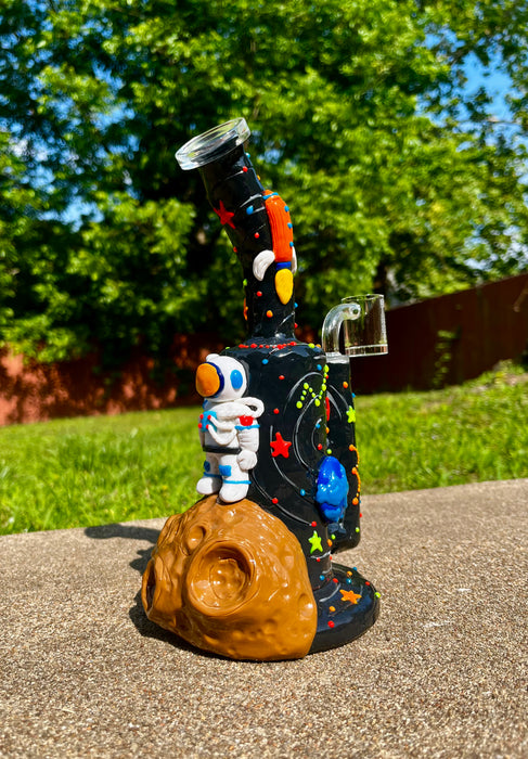 9-Inch Dab Rig Water Pipe Bong with Quartz Honeycomb Percolator - Space Art with Solar System Stars, UV Reactive, and Glow in the Dark Accents