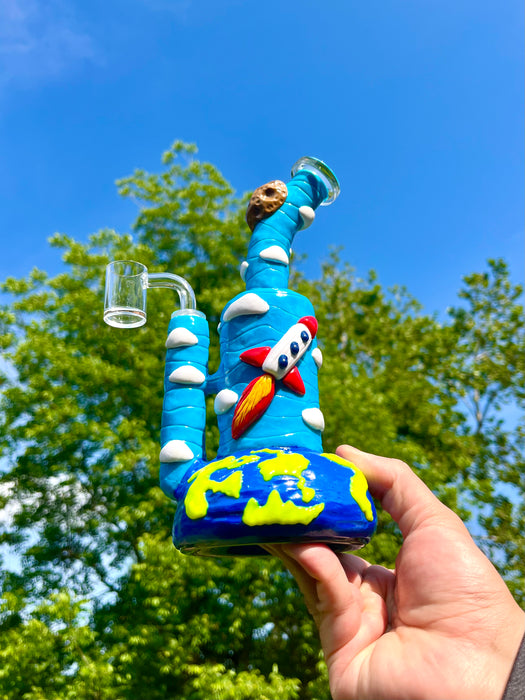 9-Inch Ceramic Dab Rig Water Pipe Bong with Honeycomb Percolator and Artistic Cloud Design