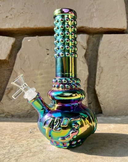 Iridescent Rainbow 8" Glass Water Bong Bubbler, Beaker Ice Catcher Tobacco Pipe